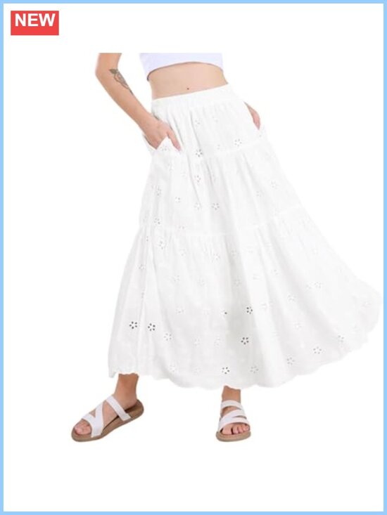 Dresses & Skirts - Lace Eyelet Embroidery High Waist Flowy Swing Midi Skirt